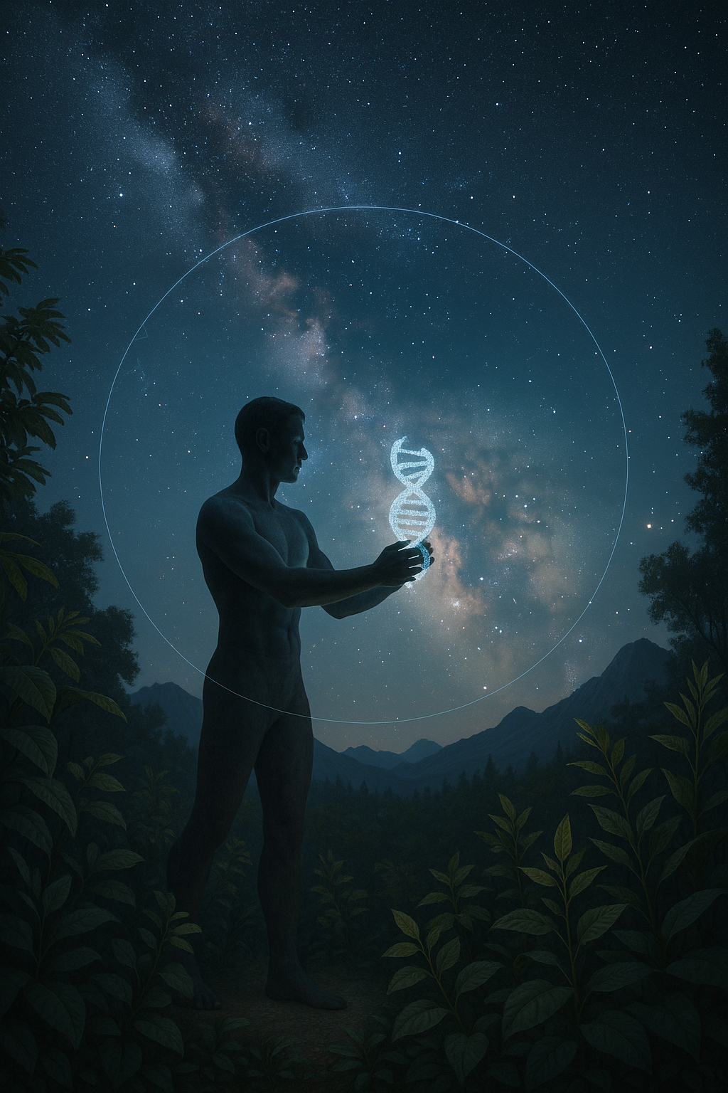 Een man houdt een lichtende DNA-helix vast onder een sterrenhemel
