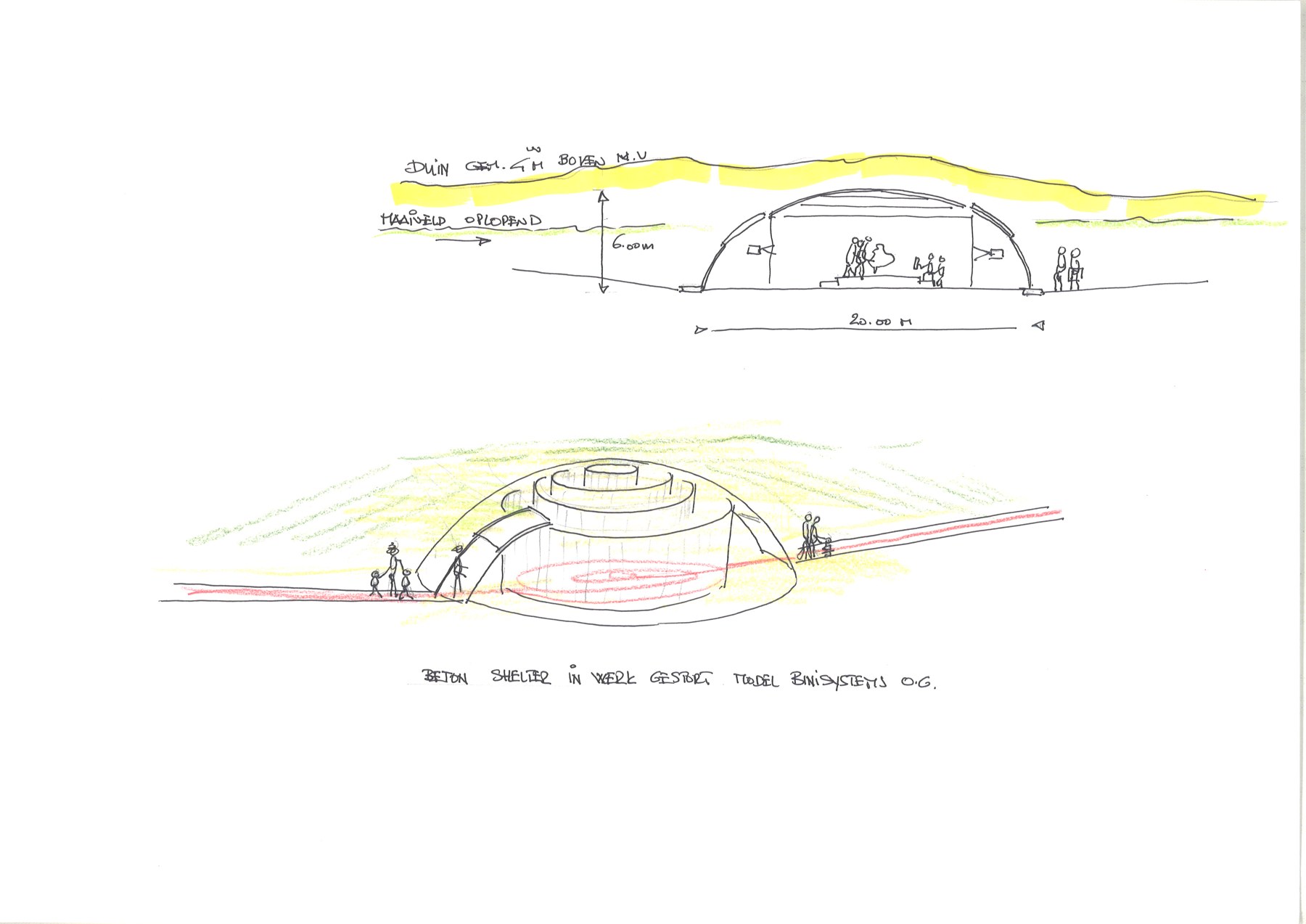 Oorspronkelijke architectuurschetsen van de dome in het landschap